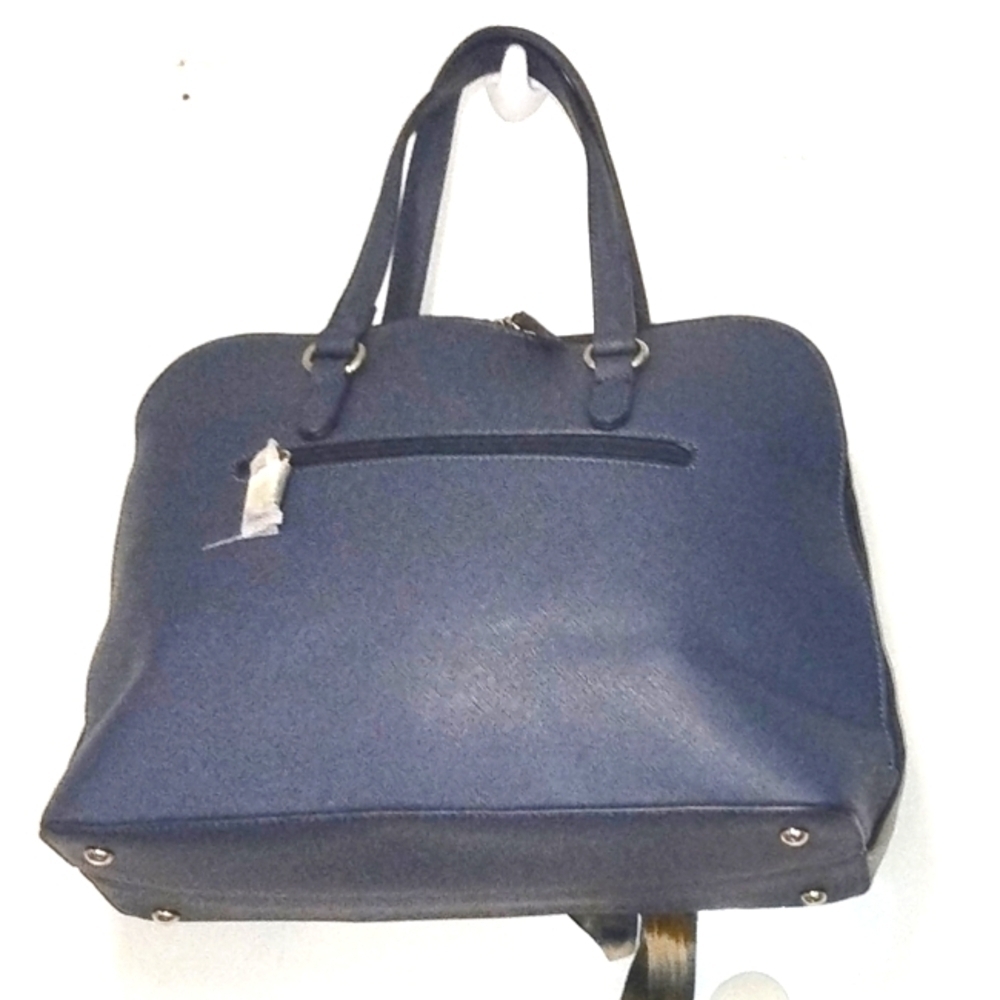 Colorblock Suede & Faux Leather Tote Bag with Scarf Accent – Navy & Gray - Picture 2 of 8